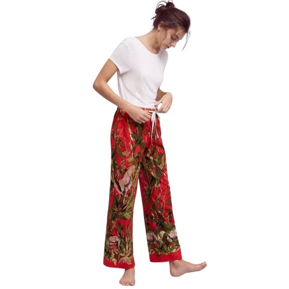 LILKA Anthropologie Doting Deer Red Green Jungle Lounge Pants - Size S - Picture 2 of 15